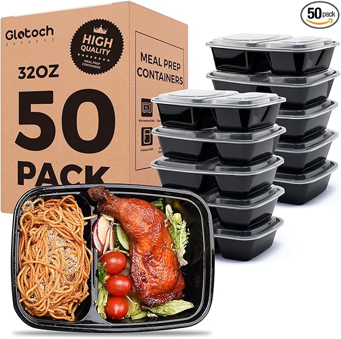 50 Pack 32 oz Sturdy Leakproof 2-Compartment Meal Prep Containers by GlotochExpress