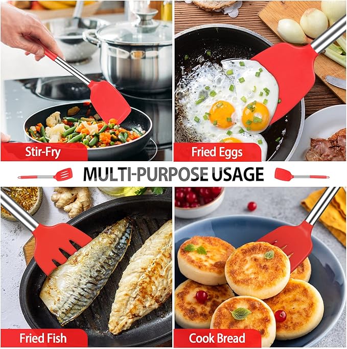 Pack of 4 Large Silicone Cooking Spatulas and Spoons, Slotted and Solid - Image 4