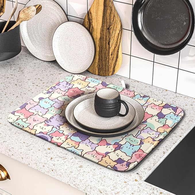 Colorful Cats Dish Drying Mat 16x18 inch Cute Animal Microfiber Reversible Fast - Image 5
