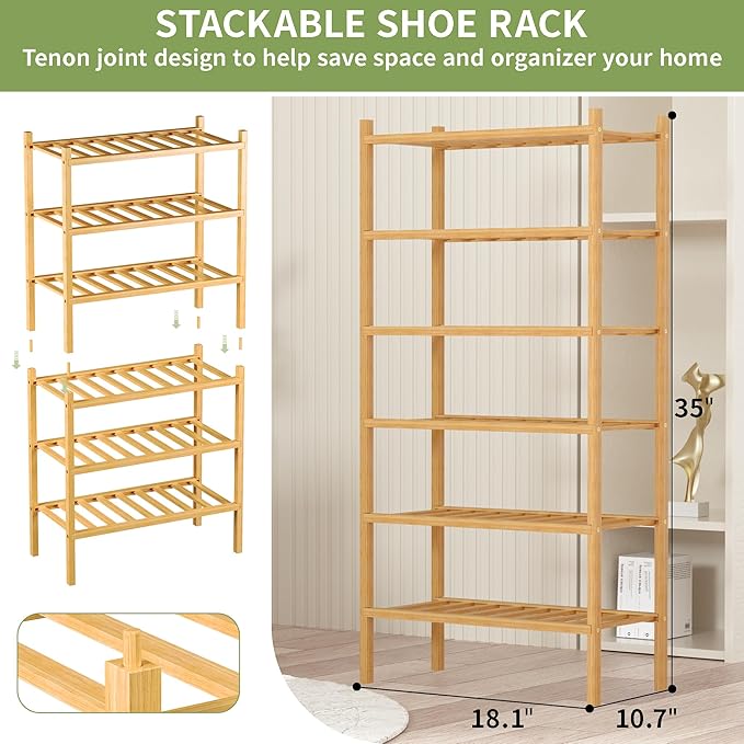 ROMGUAR CRAFT 6-Tier Bamboo Small Shoe Rack, Free Standing Wood Shoe Shelf - Image 3