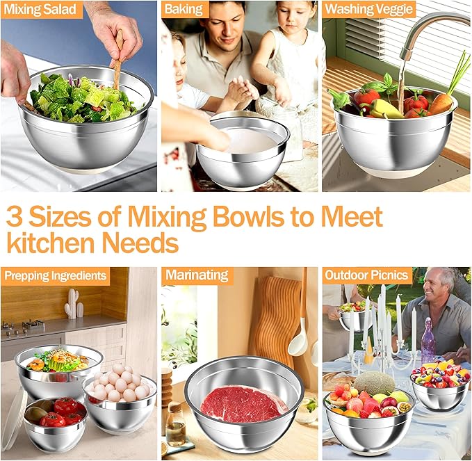 Nicdiet Mixing Bowls with Airtight Lids, Stainless Steel Mixing Bowl Set with 3 - Image 6