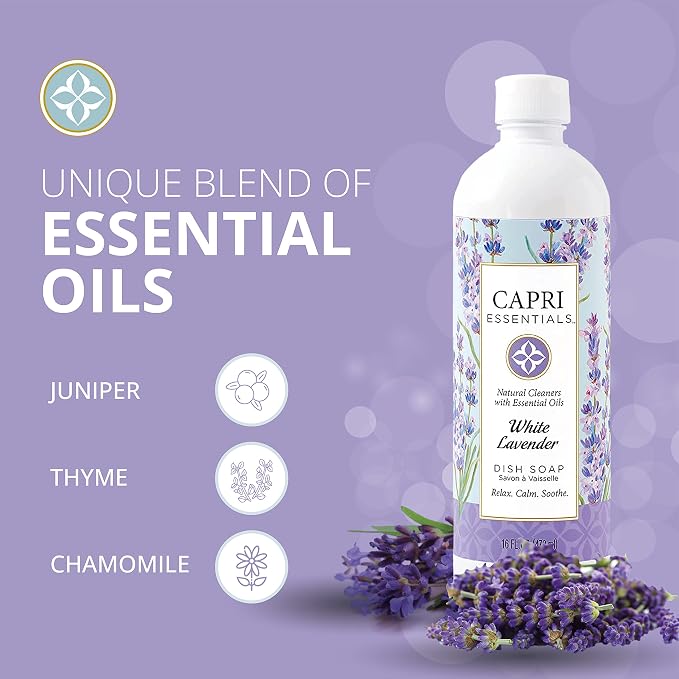 CAPRI ESSENTIALS Dish Soap Liquid, Natural Household Cleaning Supplies, Plant Based Aromatic Dish Detergent, Blend of Essential Oils with Juniper & Chamomile, White Lavender, 16 FL Oz