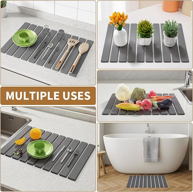 Stone Dish Drying Mats for Kitchen Counter, 23.6''x15.3'' Foldable Quick Dry - Image 6