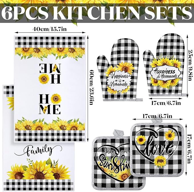 Leinuosen 6 Plaid Sunflower Kitchen Towels Kitchen Decor and Accessories Set - Image 3