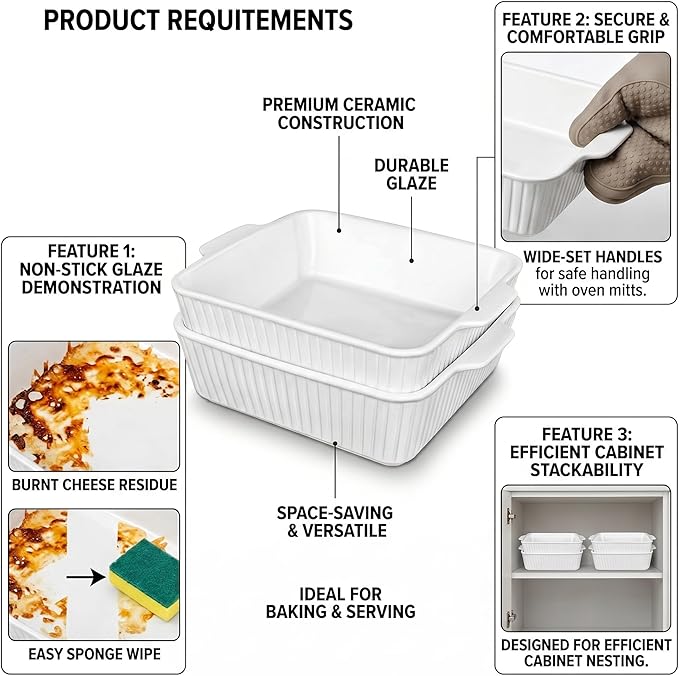 10" Square Ceramic Casserole Dish Set of 2-2.6 Qt Deep Baking Dishes - Image 5