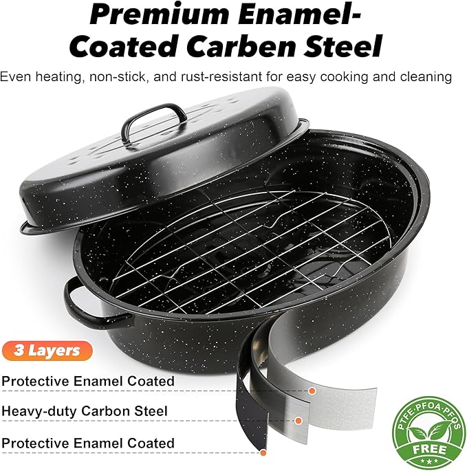 18” Roaster Pan with Lid and Rack, Large Enamel Roaster Pan with Oval Roasting - Image 3