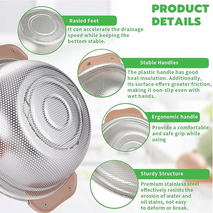 Colander Set with Plastic Handles, Stainless Steel Micro-Perforated Colanders - Image 4