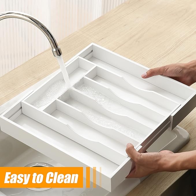 Bellsal White Silverware Organizer Kitchen Drawer Organizer Expandable Bamboo - Image 4