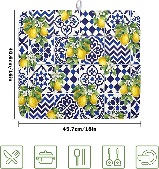 Lemon and Blue Tile Dish Drying Mat 16x18 Inch Absorbent Reversible Mexican - Image 2