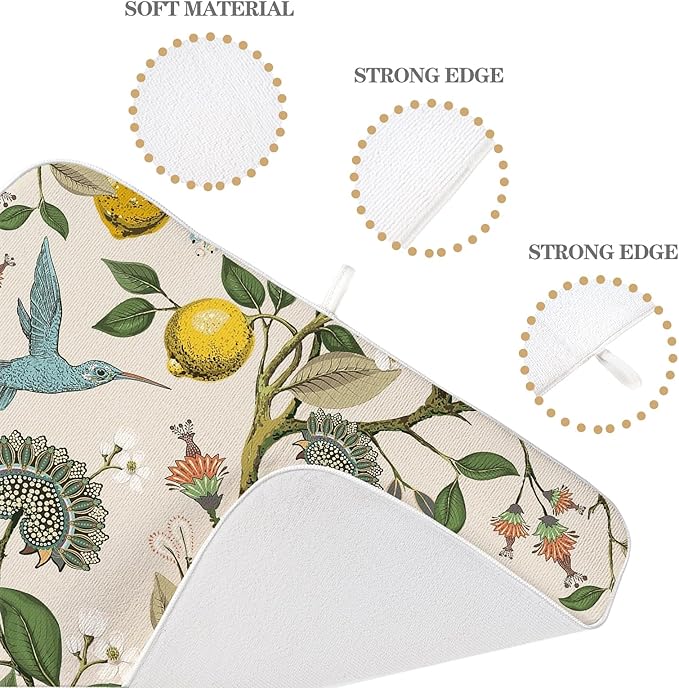 Boho Dish Drying Mat 18x24 Inch Vintage Lemon Floral Blue Bird Drying Mat - Image 3