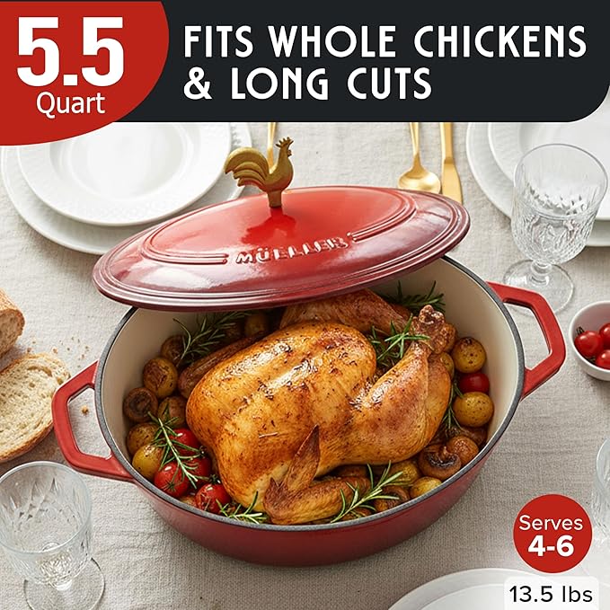 MUELLER HOME 5.5 Quart Enameled Cast Iron Oval Dutch Oven w Rooster Knob & - Image 3