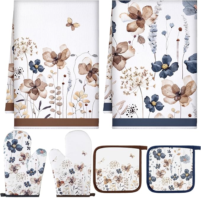 Teenyyou 6 Pcs Spring Brown Poppy Floral Kitchen Towels Oven Mitts and Pot by Teenyyou