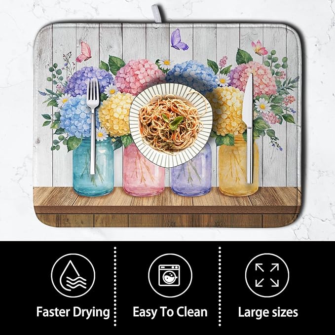 Hydrangea Dish Drying Mat for Kitchen Counter Spring Summer Floral Vases dish - Image 4