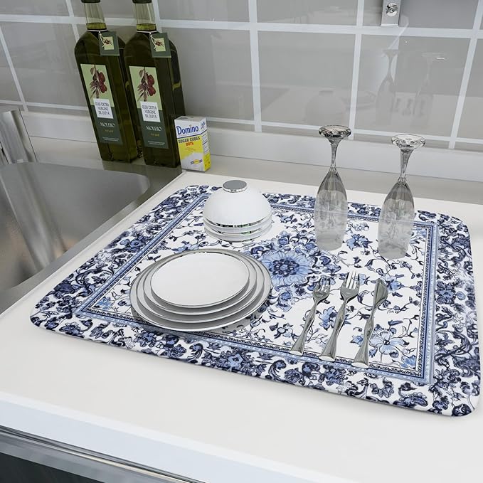 Boho Floral Dish Drying Mat 18x24 Inch Blue Leaves Kitchen Drying Pad - Image 6
