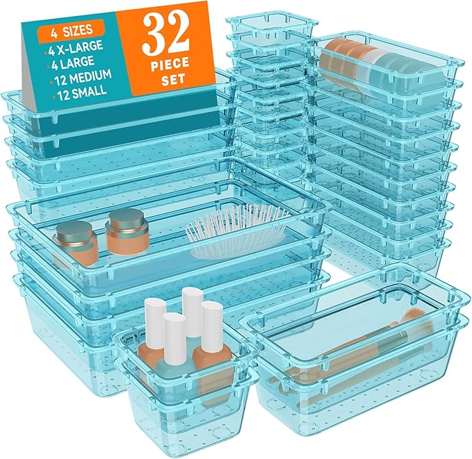 WOWBOX 32 PCS Plastic Drawer Organizer Set, 4 Sizes Desk Drawer Organization by WOWBOX