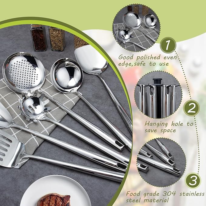 VALESKA 6PCS Stainless Steel Cooking Utensils Set, 18/10 Metal Kitchen Utensils - Image 3