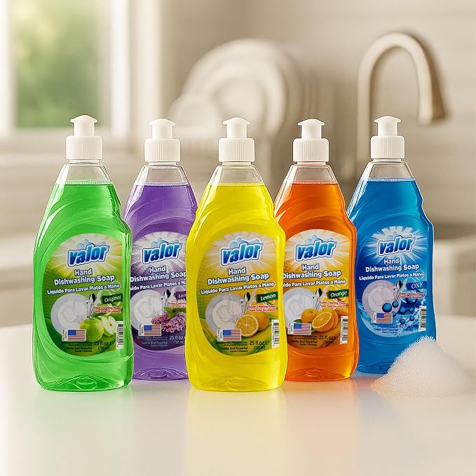 Valor Dishwashing Liquid, 25 fl oz – Dish Soap for Kitchen & Bathroom, Grease-Fighting, Gentle on Hands, Fast Rinse, Eco-Friendly Biodegradable Formula (25.5 oz (Pack of 3), Oxy Power)