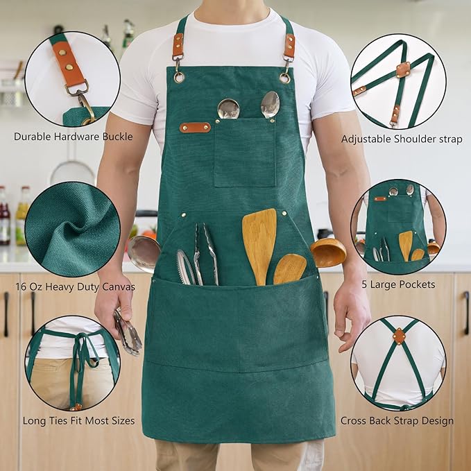 Aoomzoon Canvas Aprons for Men Chef Apron, Work Apron - 16oz Heavy Duty Cross - Image 4