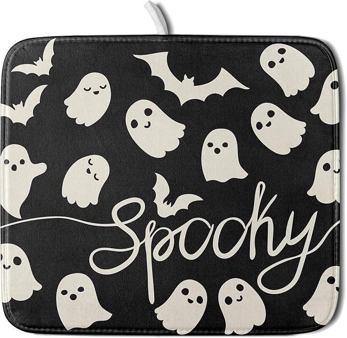 Halloween Dish Drying Mat for Kitchen Counter 16x18 Cute Ghost Black Spooky by Aytipun