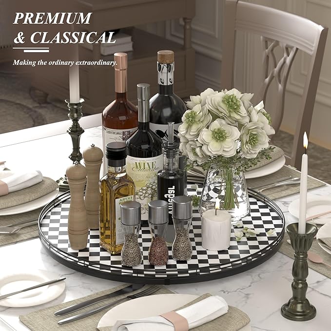 21" Black and White Kitchen Lazy Susan Turntable, Round Checkered Decorative - Image 3
