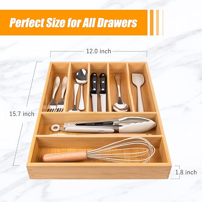 Bellsal Bamboo Silverware Drawer Organizer, Kitchen Utensil Drawer Organizers - Image 3