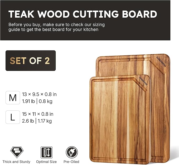 2 Pack Teak Wood Cutting Board Set Non Slip Over Sink Charcuterie Board Serving - Image 2
