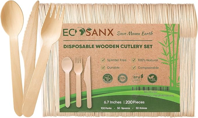 ECOSANX® 200 PCs Disposable Wooden Cutlery set 6.5" Splinter Free Compostable by ECOSANX