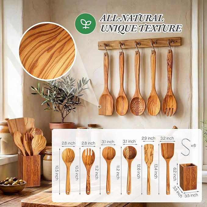 Qinyoung 10 Pack Olive Wood Cooking Utensils Olive Wood Kitchen Utensils Mixing - Image 2