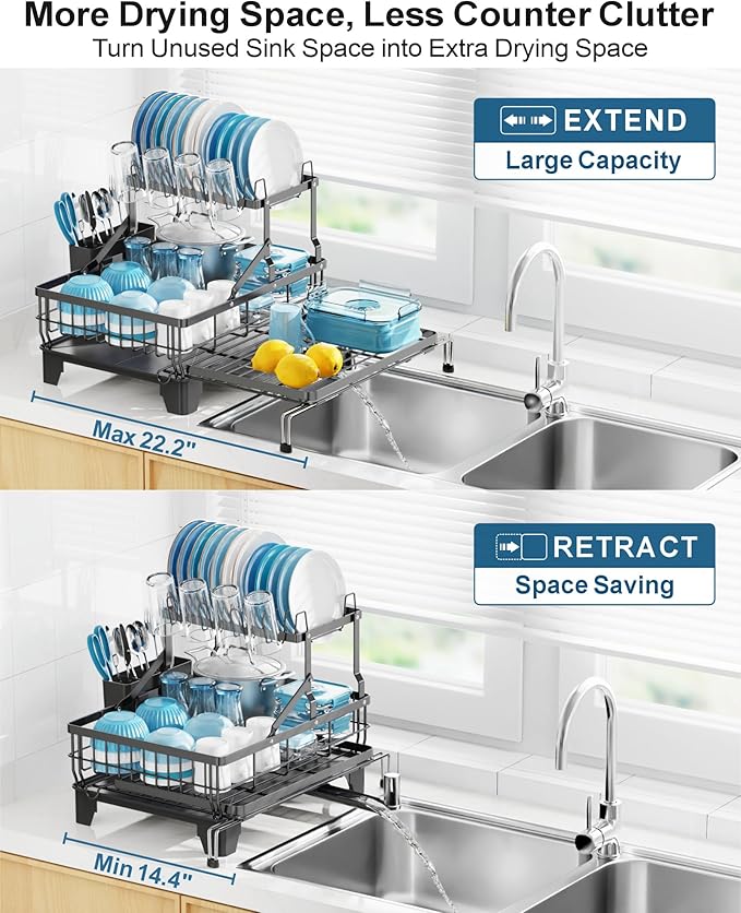 GSlife Large 2 Tier Dish Drying Rack, Expandable Heavy-Duty Dish Rack - Image 2