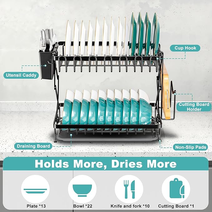 2-Tier Dish Racks for Kitchen Counter, Stainless Steel Kitchen Dish Drying Rack - Image 2