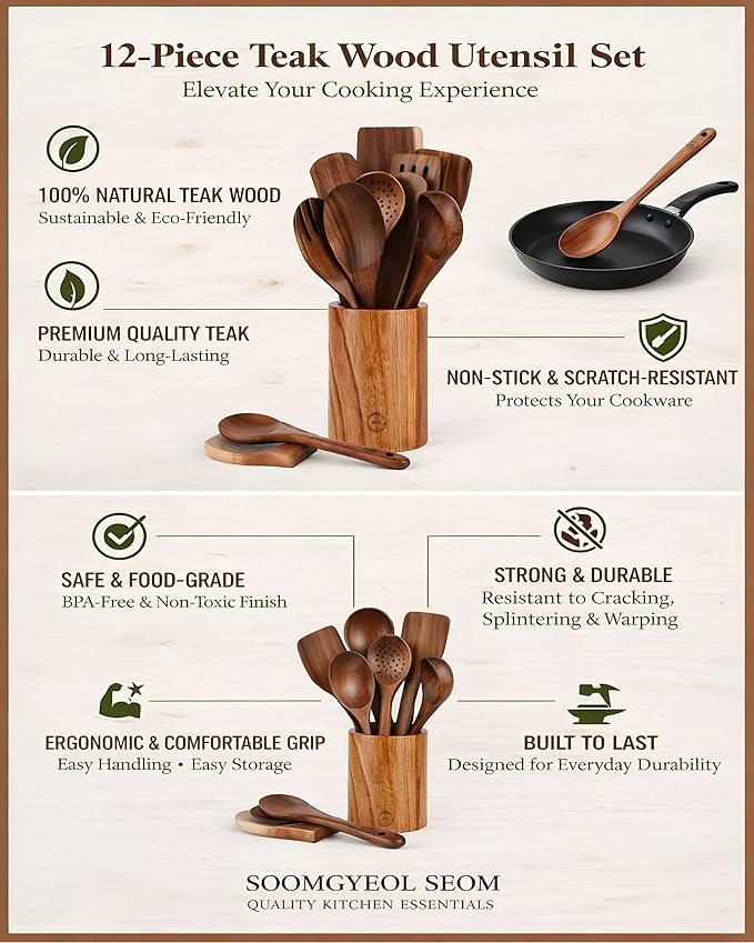 12-Piece Natural Teak Wood Utensil Set - Image 6