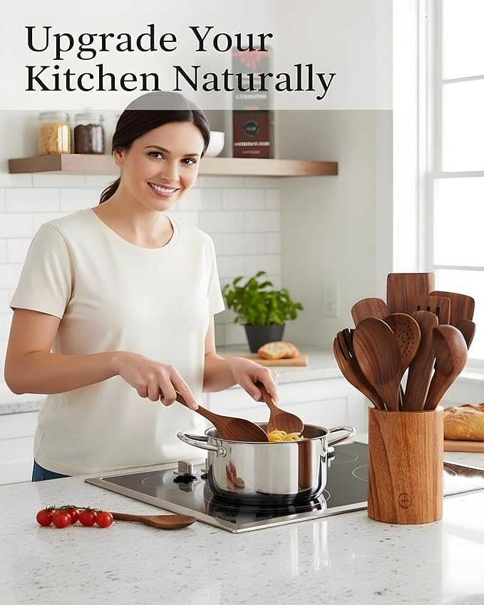 12-Piece Natural Teak Wood Utensil Set - Image 8