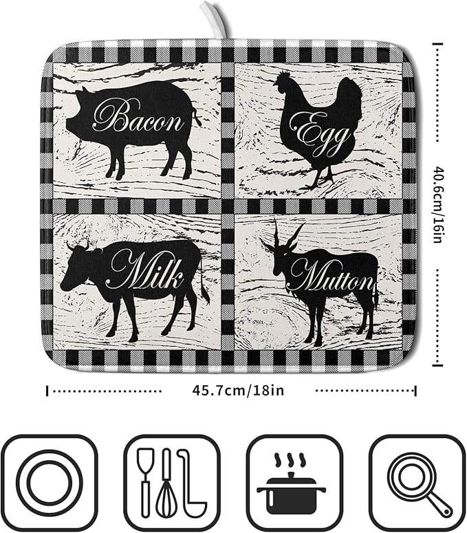 Farmhouse Animal Dish Drying Mat Buffalo Plaid Drainer Rack Mats Fast Dry - Image 2