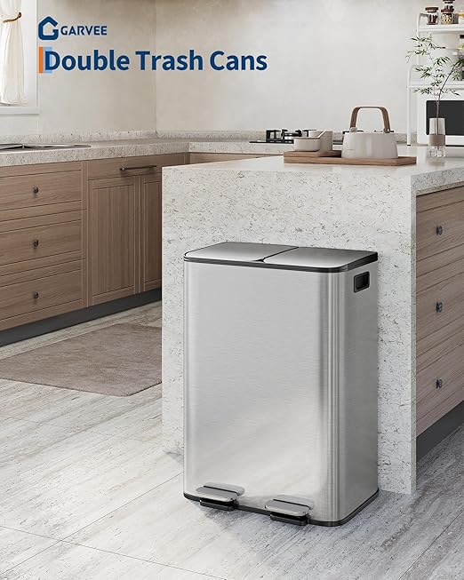 Garvee 2-in-1 Kitchen Trash and Recycle Combo, 30L Stainless Steel Step Trash - Image 2