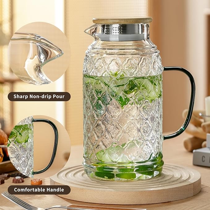 Buaic Glass Pitcher with Lid, 2 PACK 68 oz/2 Liter Vintage Water Pitcher With - Image 6