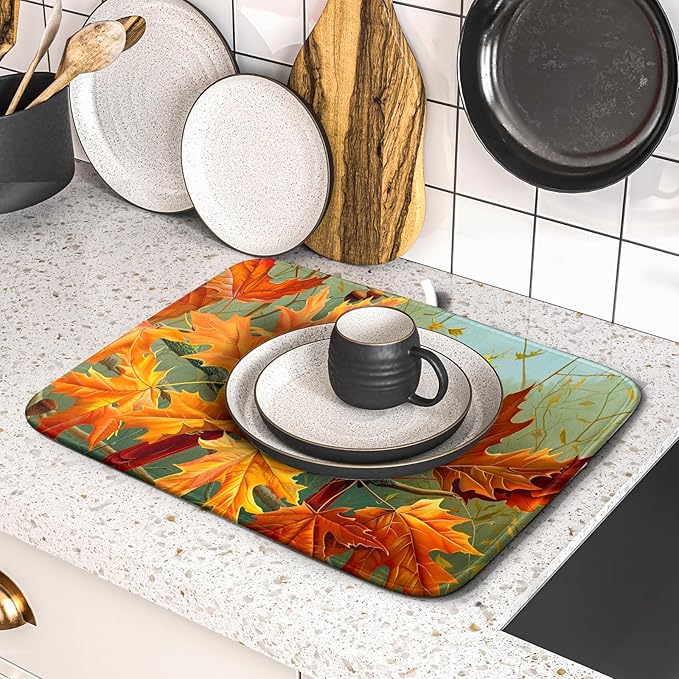 Giwawa Fall Birds Dish Drying Mat 16x18 Inch Autumn Maple Leaf Tree Dish - Image 5