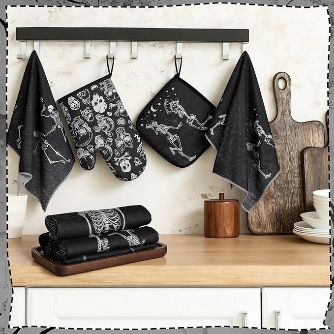 Leinuosen 6 Pcs Skull Kitchen Decor Set, Skull Kitchen Towels Gothic Oven Mitts - Image 5