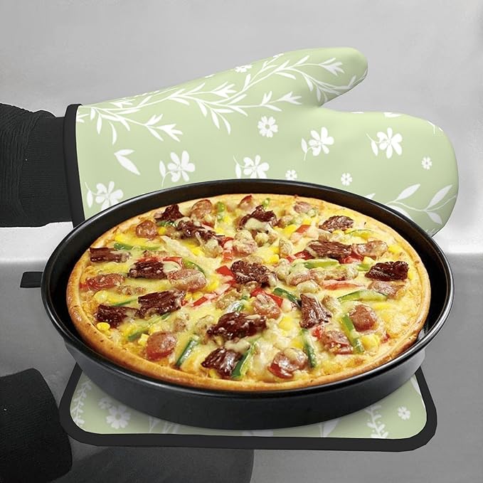 Sage Green Oven Mitt Pot Holder Set Floral BBQ Cooking Gloves Farmhouse - Image 7