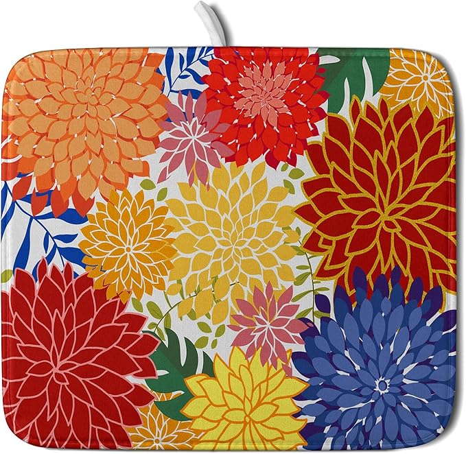 Modern Floral Dish Drying Mat 16x18 in Multicolored Tropical Drying Pad by Giwawa