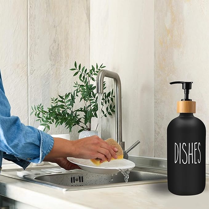 Sunrise Premium 16 OZ Thick Black Glass Soap Dispenser, Bamboo Pump - Image 4
