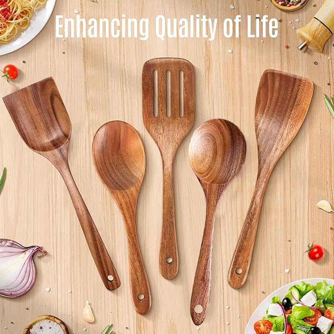 5 PCs Teak Wooden Utensil Set - Image 7