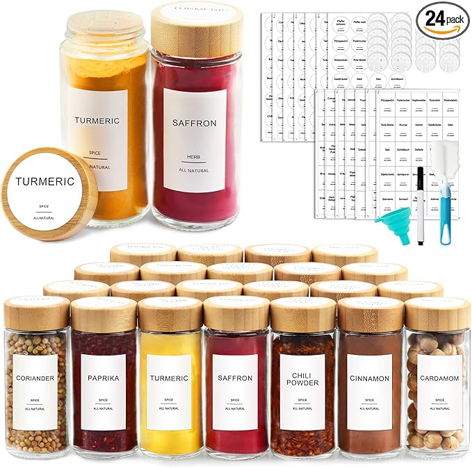 AISIPRIN Glass Spice Jars with 398 Labels-4oz 24 Pcs, Round Seasoning Jars with by AISIPRIN