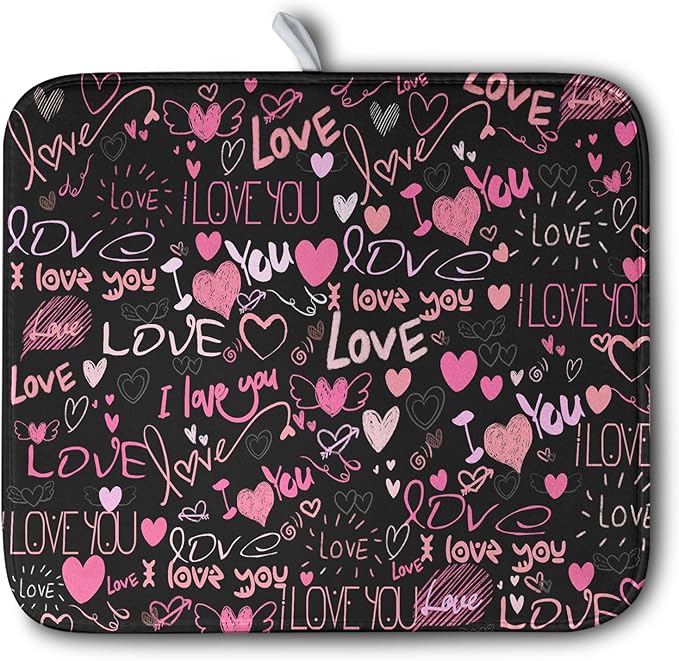 Mother's Day Dish Drying Mat for Kitchen Counter Love Heart Black Drying Mats by Kwlegh