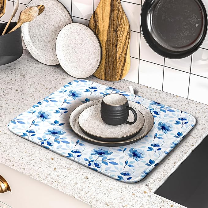 Blue Floral Dish Drying Mat 16x18 inch Flower Leaves Dish Rack Pad Microfiber - Image 5