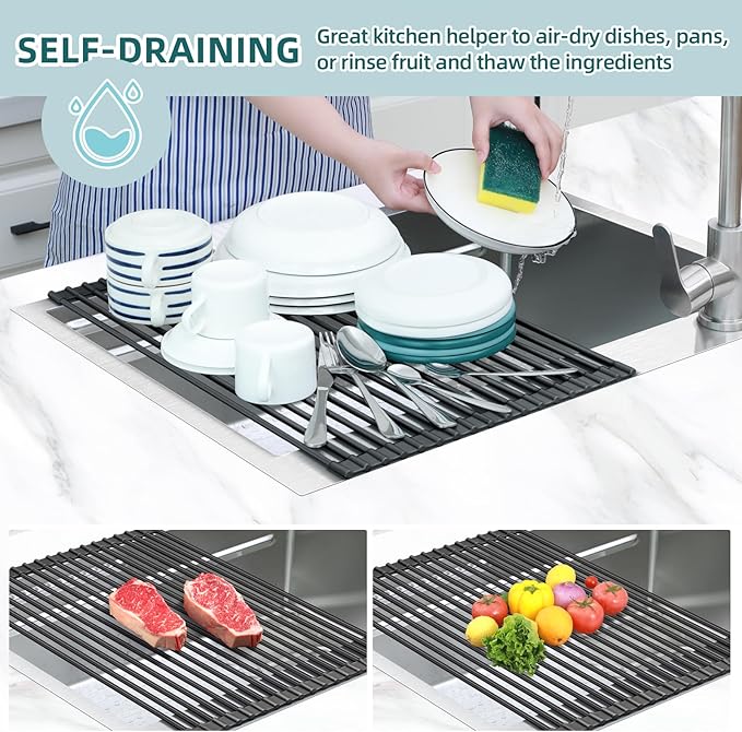 Ohuhu Over The Sink Dish Drying Rack, 20.5" W x 13.1" L Rolling Dish Drainer - Image 3