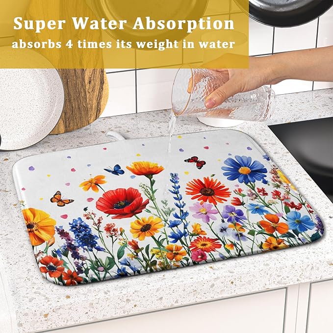 Watercolor Flower Dish Drying Mat 16x18 Inch Floral Butterfly Dish Drainer - Image 7