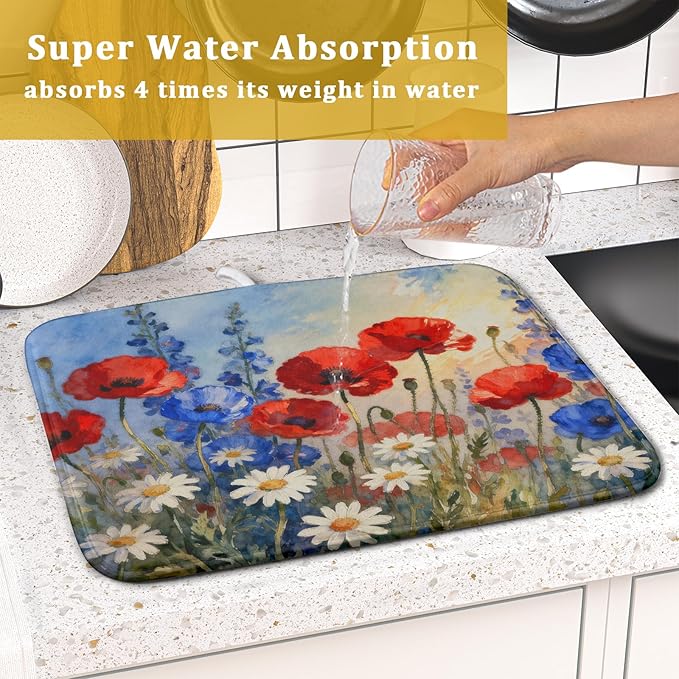 4th of July Dish Drying Mat for Kitchen Counter 16x18 Patriotic Floral - Image 3