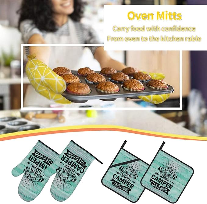 Happy Camper Oven Mitts and Pot Holders Sets of 4, Resistant Hot Pads - Image 6