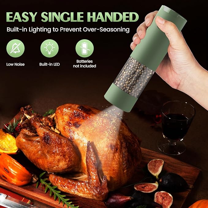 Salt and Pepper Grinder Set Mom Gifts, Electric Automatic Green Salt Pepper - Image 3