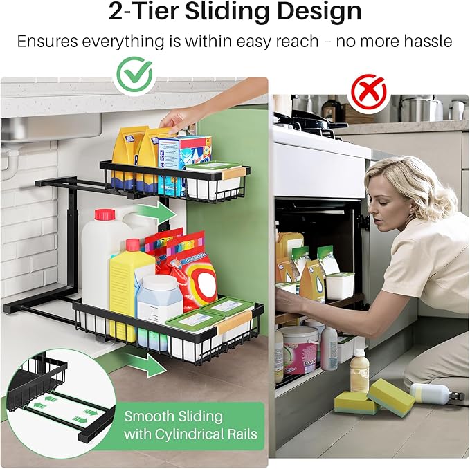 Kitstorack Under Sink Organizer, 2 Tier Under the Sink Storage, Slide out Pull - Image 6